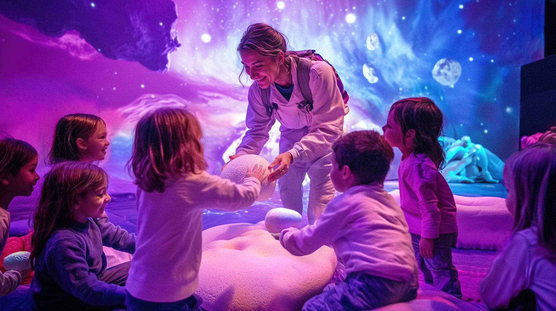 Deca i astronautkinja u ljubičastom svemirskom prostoru